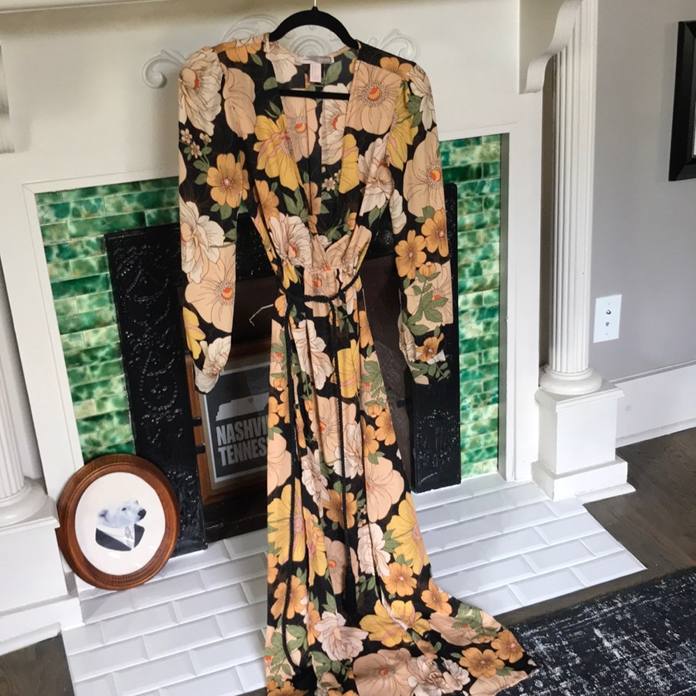 Boho gold/tan flowers black maxi dress